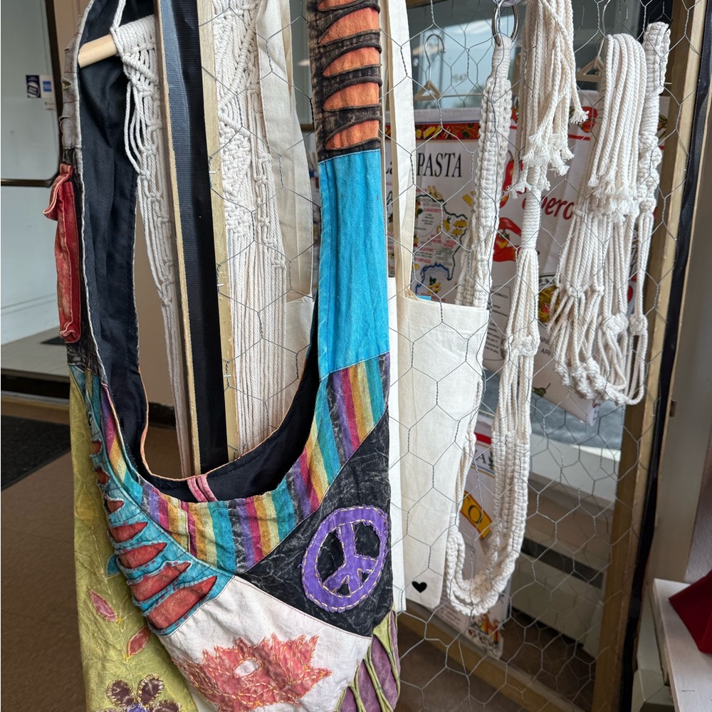 Boho Patchwork Crossbody Sling Bag – Peace Sign & Floral Appliqué